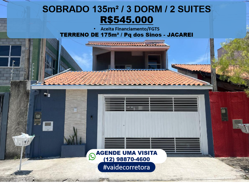 Imagem Sobrado com 3 Quartos à Venda, 135 m²em Residencial Parque dos Sinos - Jacareí