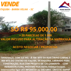 Terreno à Venda, 310 m² em itajuba  - Barra Velha